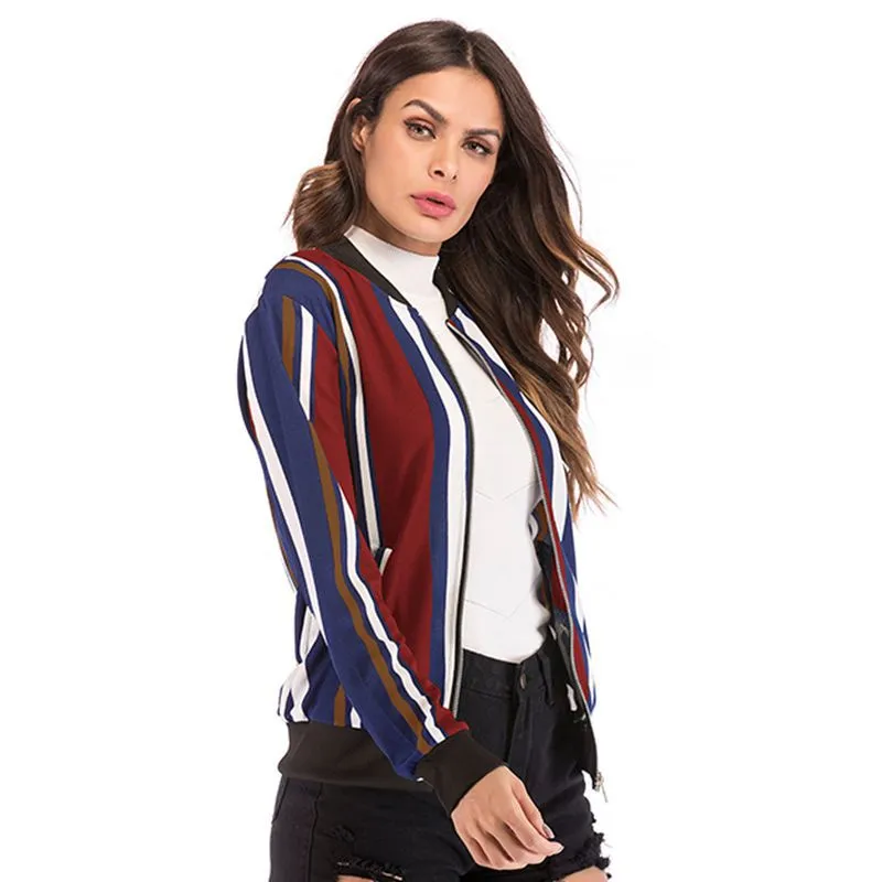 METAVERSMALL loose jacket women's new European, American autumn and winter large size color matching vertical striped baseball jacket zipper cardigan