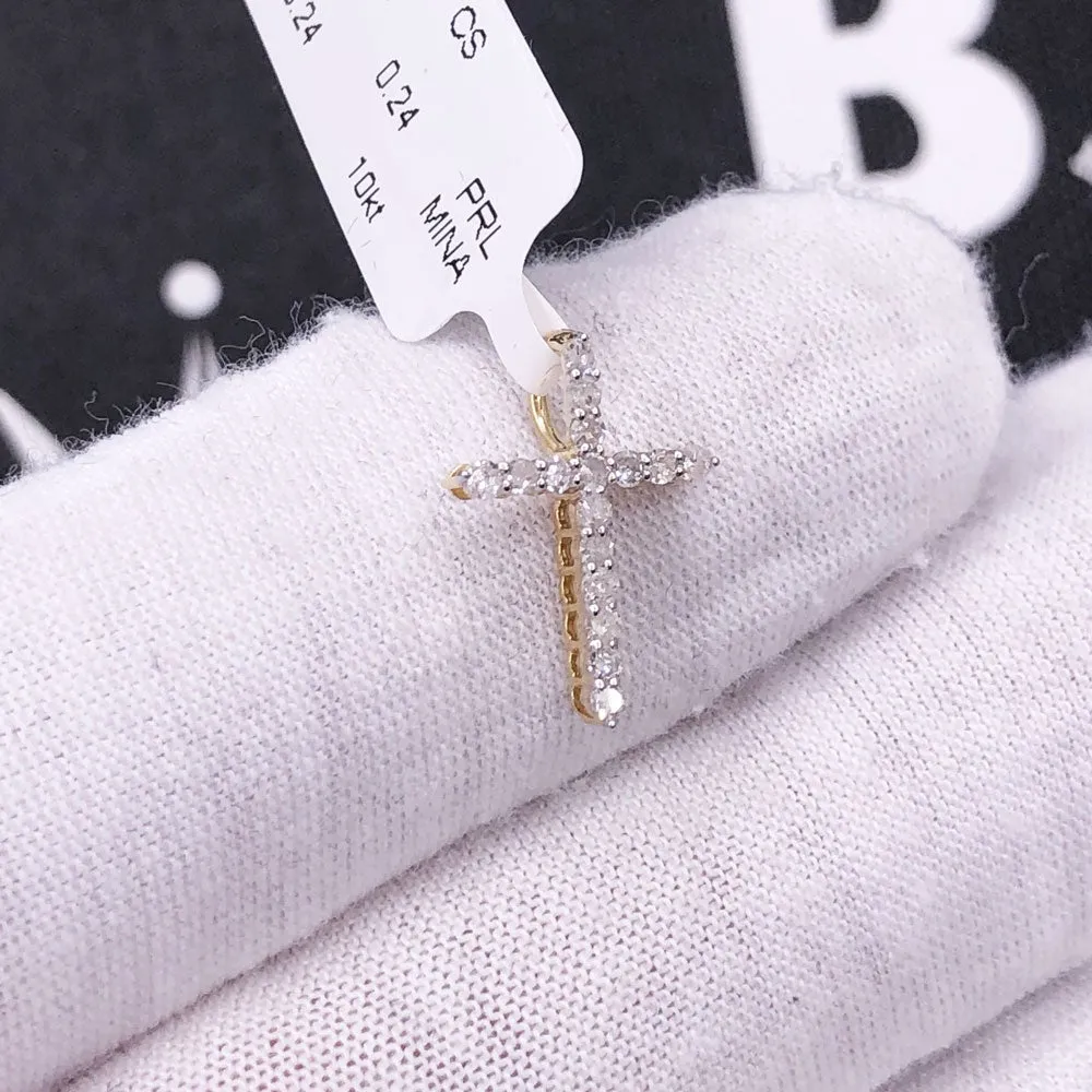 Nano Sized Tennis Cross Diamond Pendant .25cttw 10K Yellow Gold