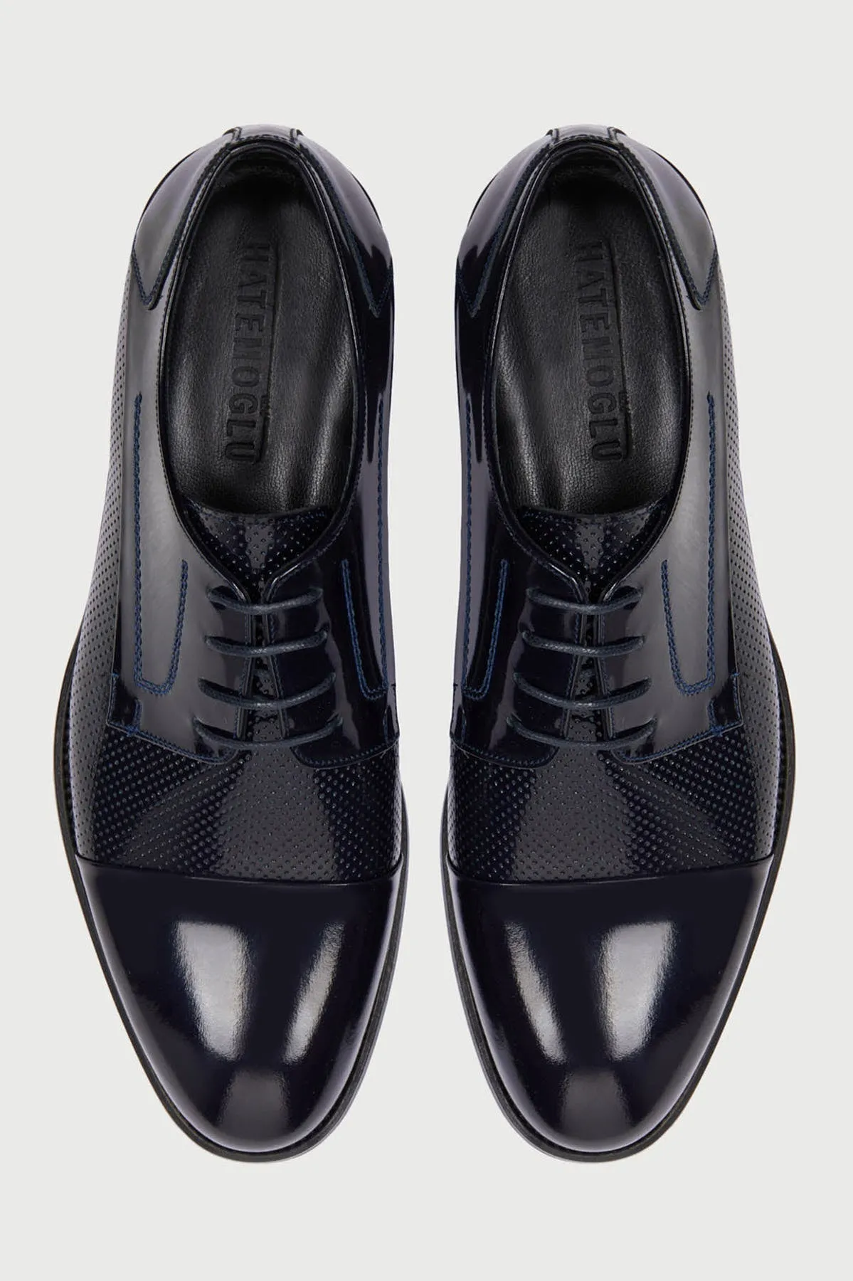 Navy Patent Leather Perforated Lace-Up Tuxedo Shoes