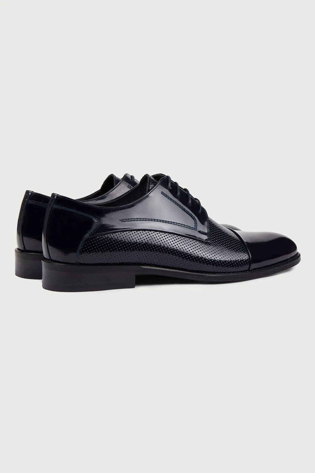 Navy Patent Leather Perforated Lace-Up Tuxedo Shoes