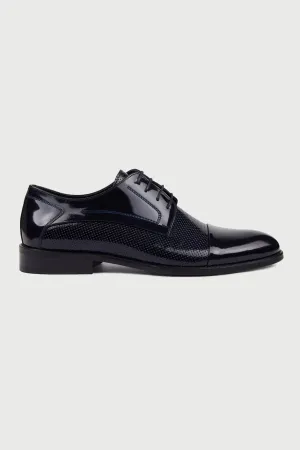 Navy Patent Leather Perforated Lace-Up Tuxedo Shoes