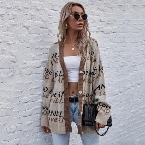 PEOPLETERRITORY 2023 autumn and winter knitted cardigan  letter fashion jacquard long-sleeved medium and long sweater jacket