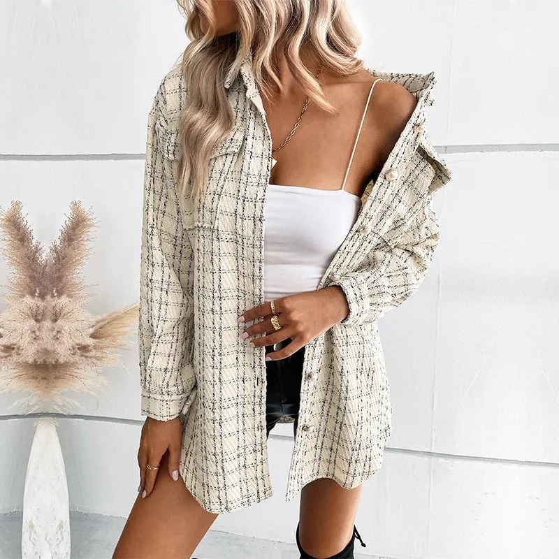 PEOPLETERRITORY New autumn and winter   trade small fragrant style pocket jacket retro medium and long  plaid cardigan