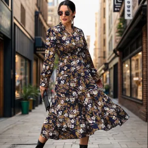 PEOPLETERRITORY   New autumn floral temperament commuter dress retro printed women's dress V-neck fashion dress