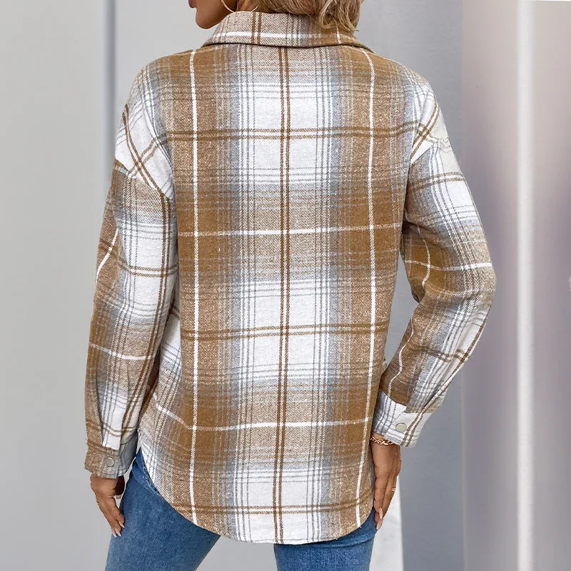 PEOPLETERRITORY New   new retro classic plaid shirt loose casual shirt autumn and winter plaid top women