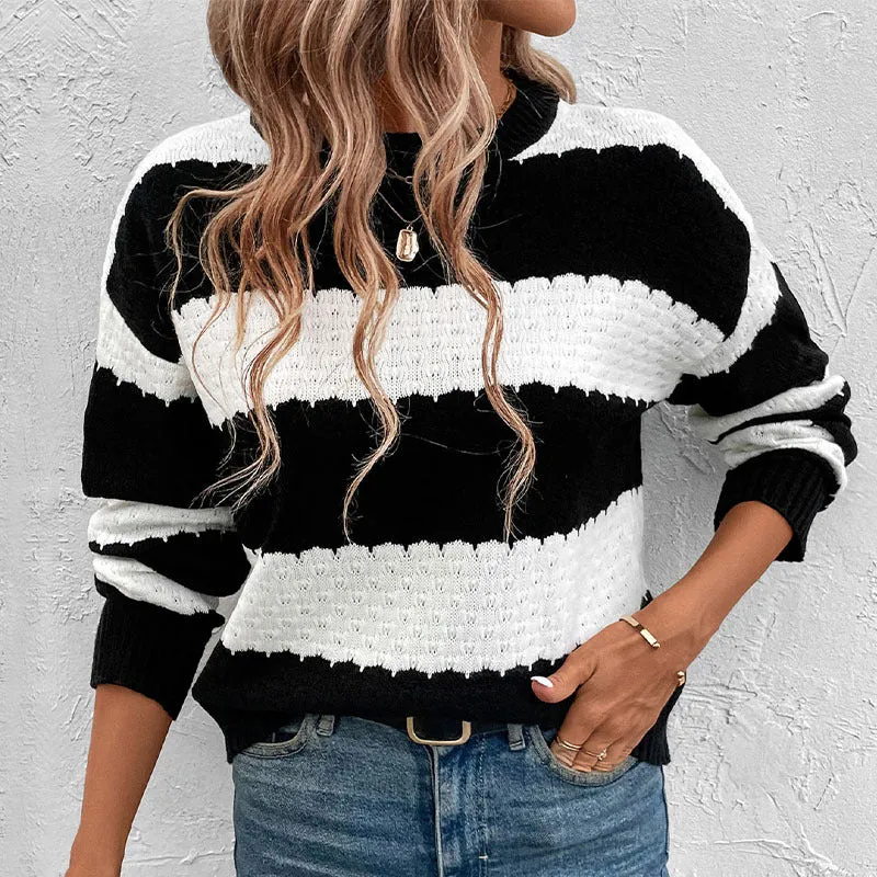 PEOPLETERRITORY  new  women's clothing  crew neck sweater top black and white contrasting striped knitted pullover