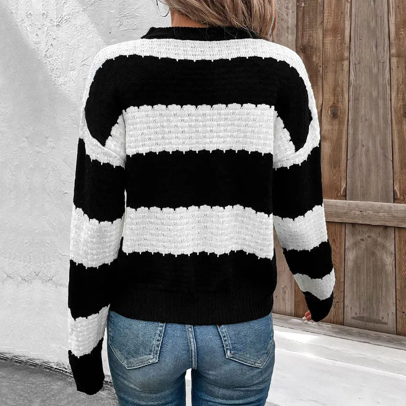 PEOPLETERRITORY  new  women's clothing  crew neck sweater top black and white contrasting striped knitted pullover