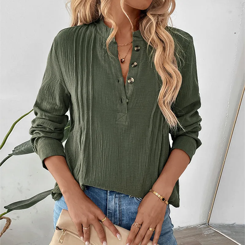 PEOPLETERRITORY  popular autumn and winter button V-neck solid color shirt  new versatile casual pullover shirt women