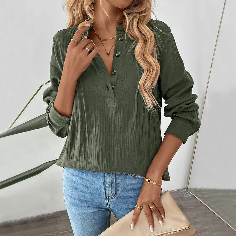 PEOPLETERRITORY  popular autumn and winter button V-neck solid color shirt  new versatile casual pullover shirt women