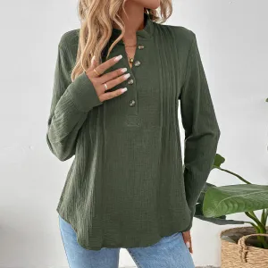 PEOPLETERRITORY  popular autumn and winter button V-neck solid color shirt  new versatile casual pullover shirt women