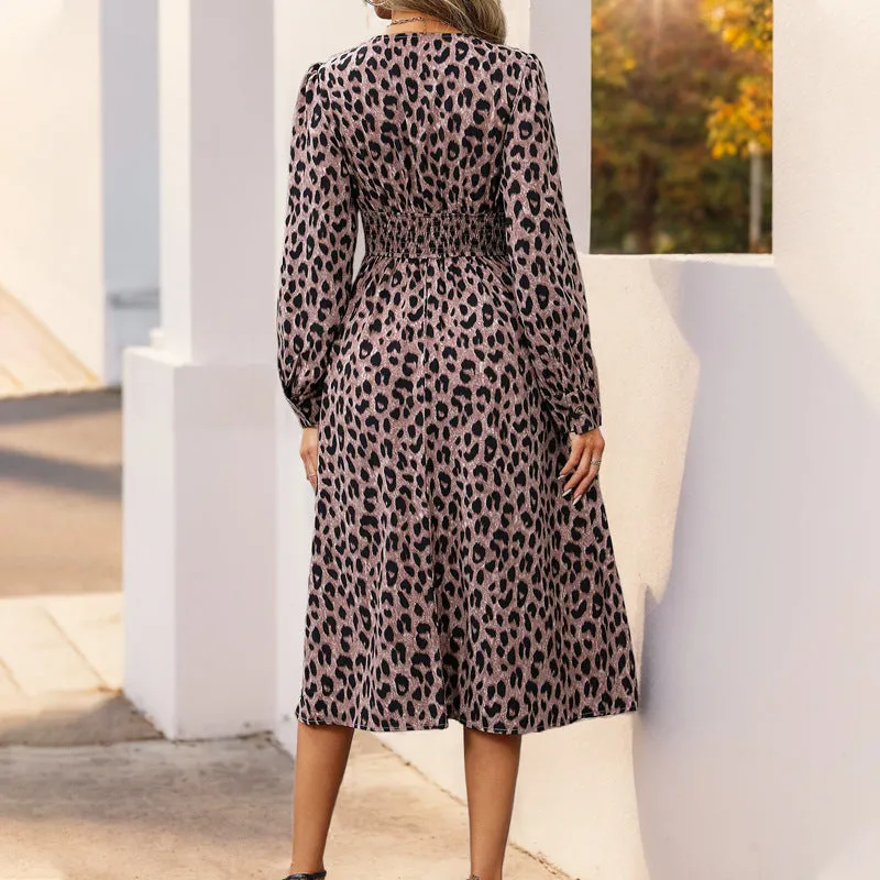 PEOPLETERRITORY 's new leopard print long-sleeved dress,   temperament commuting high-waisted V-neck women's long dress