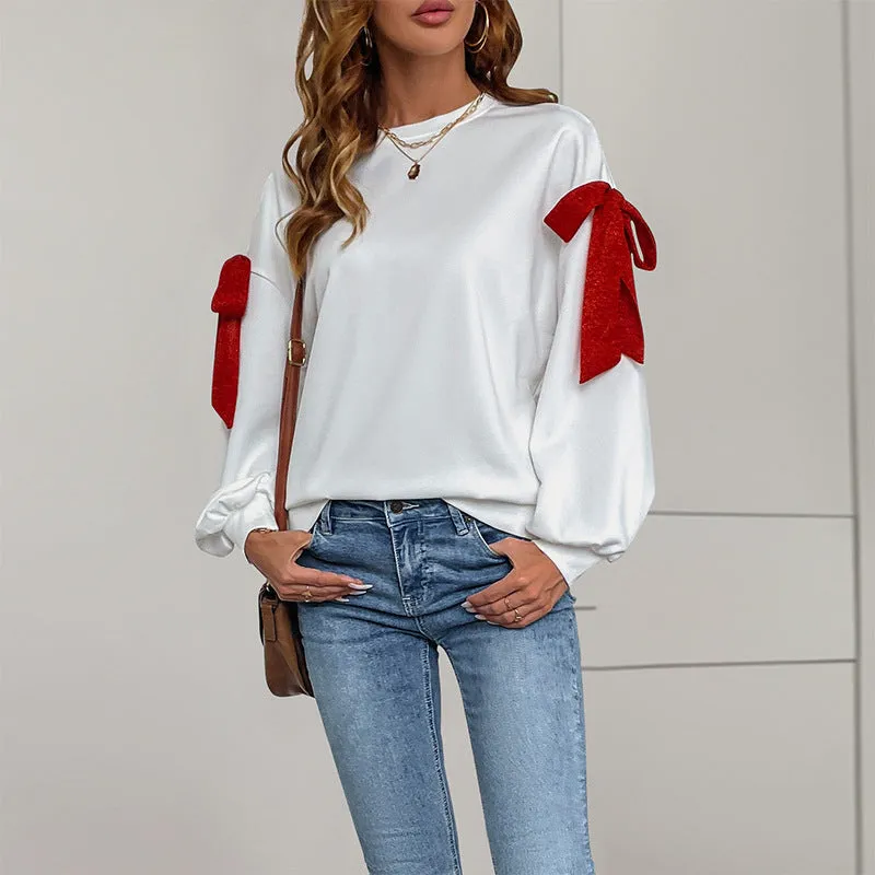 PEOPLETERRITORY   Valentine's Day loose sweater top crew neck long sleeve Christmas tie bow sweater women