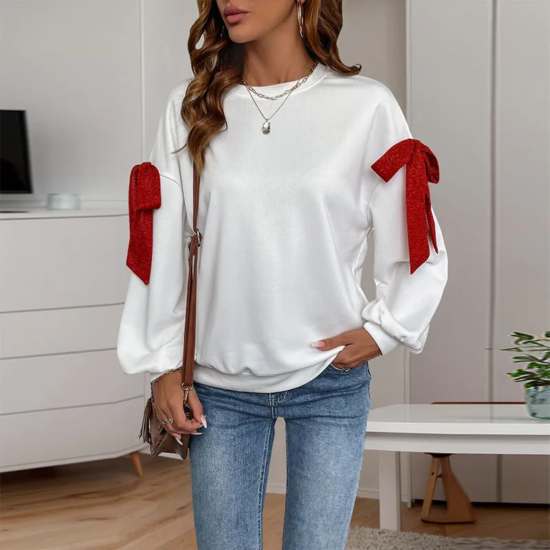 PEOPLETERRITORY   Valentine's Day loose sweater top crew neck long sleeve Christmas tie bow sweater women