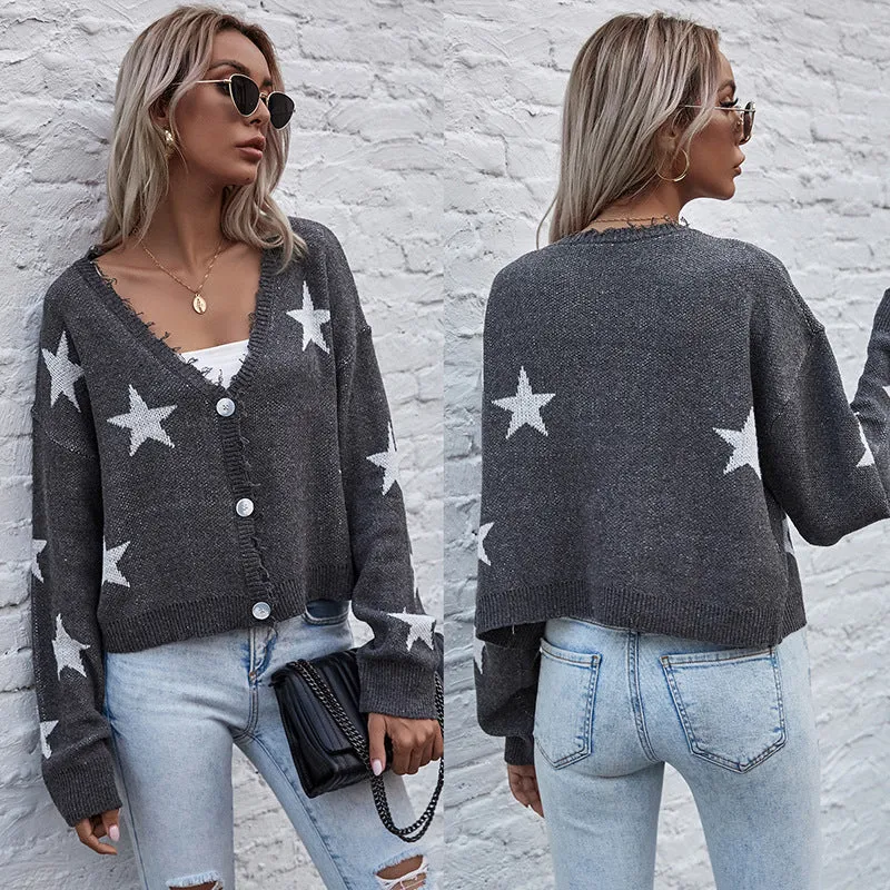 PEOPLETERRITORY  women's clothing 2023 autumn and winter cardigan long-sleeved five-pointed star jacquard knitted short sweater jacket