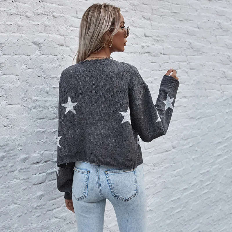 PEOPLETERRITORY  women's clothing 2023 autumn and winter cardigan long-sleeved five-pointed star jacquard knitted short sweater jacket