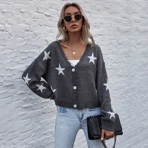 PEOPLETERRITORY  women's clothing 2023 autumn and winter cardigan long-sleeved five-pointed star jacquard knitted short sweater jacket