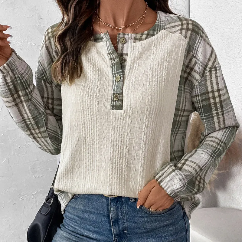 PEOPLETERRITORY  women's clothing autumn and winter new plaid splicing long-sleeved T-shirt  round neck pullover T-shirt top women