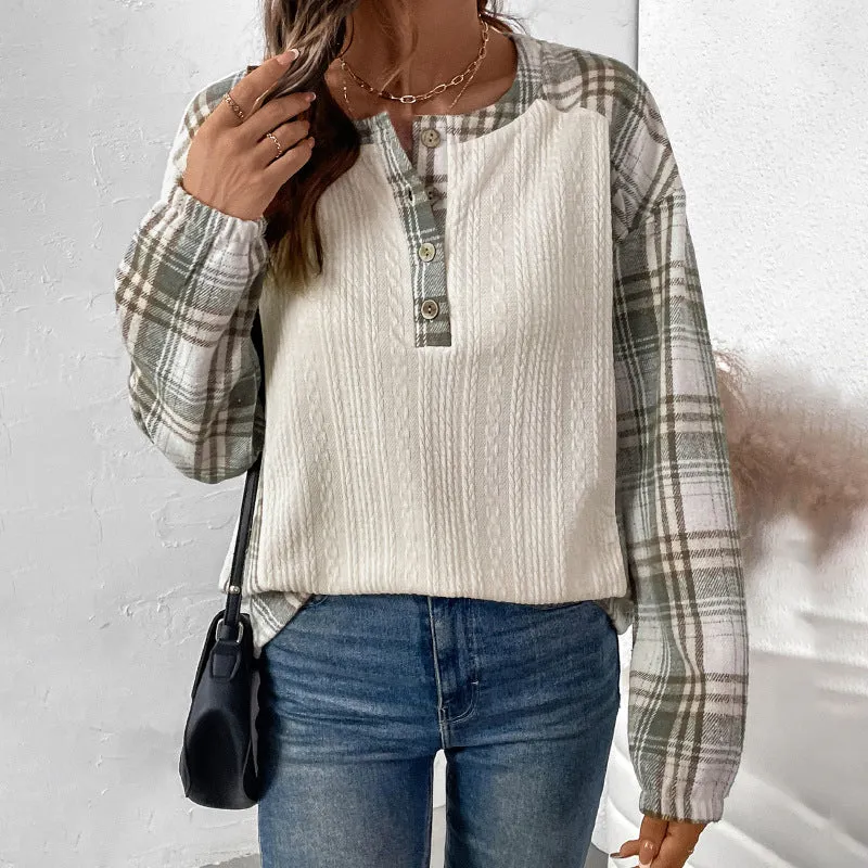 PEOPLETERRITORY  women's clothing autumn and winter new plaid splicing long-sleeved T-shirt  round neck pullover T-shirt top women