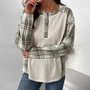 PEOPLETERRITORY  women's clothing autumn and winter new plaid splicing long-sleeved T-shirt  round neck pullover T-shirt top women