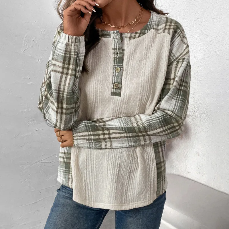 PEOPLETERRITORY  women's clothing autumn and winter new plaid splicing long-sleeved T-shirt  round neck pullover T-shirt top women