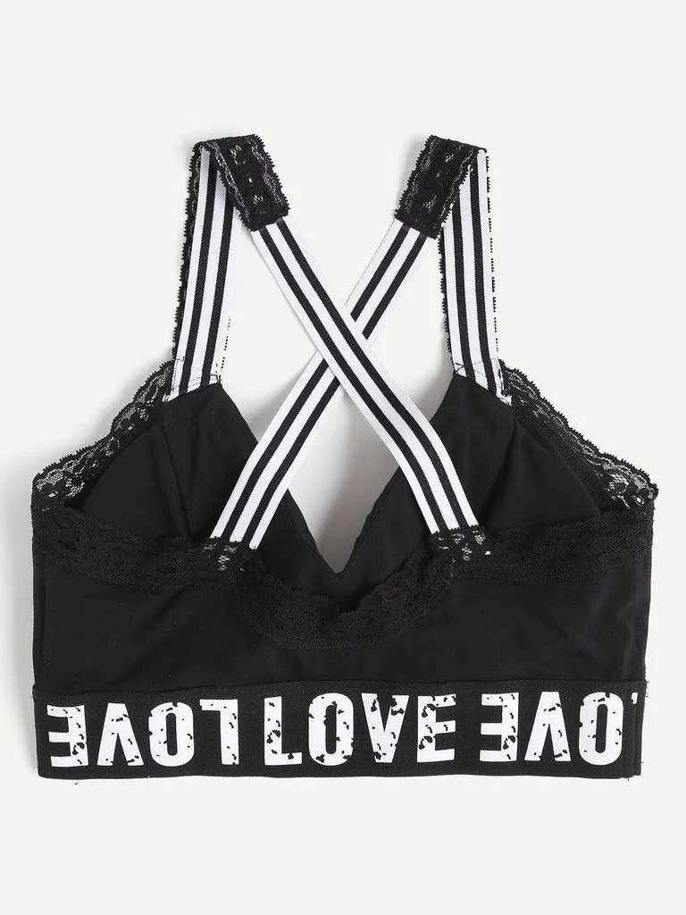 Print Wide Band Lace Trim Crisscross Sports Bra