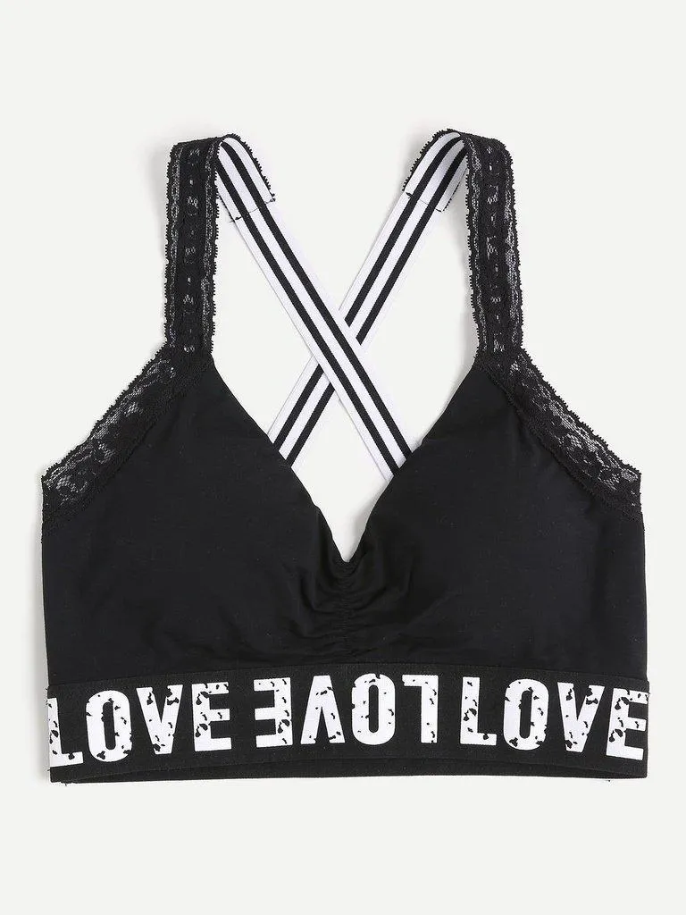 Print Wide Band Lace Trim Crisscross Sports Bra