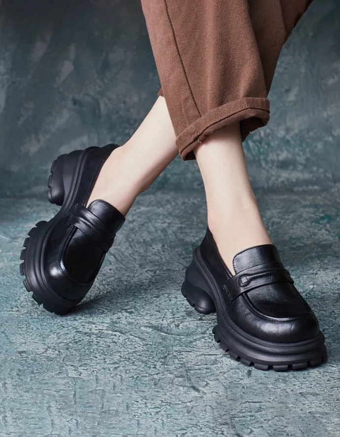 Retro Leather Wide Toe BoxPlatform Chunky Loafers