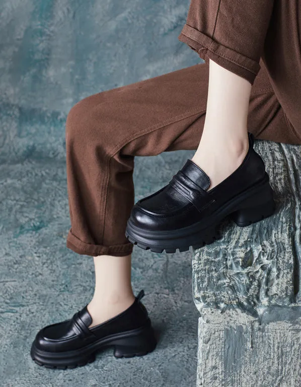 Retro Leather Wide Toe BoxPlatform Chunky Loafers