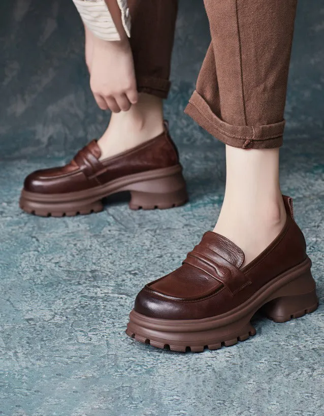 Retro Leather Wide Toe BoxPlatform Chunky Loafers