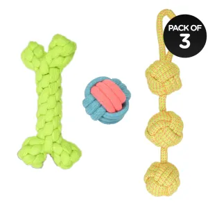 Skatrs 3 Ball Tug, Ball and Bone Shaped Rope Chew Toy Combo for Dogs and Cats