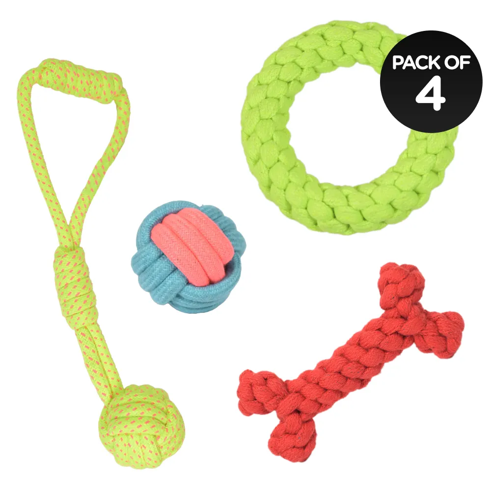 Skatrs Ball, Bone, Ring and Knotted Ball 4 in 1 Rope Tug Toy Combo for Dogs and Cats