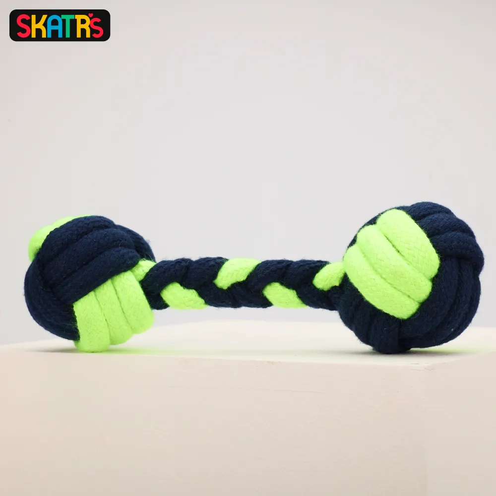 Skatrs Dumbbell Shaped Rope Chew Toy for Dogs and Cats (Neon Green/Dark Blue)