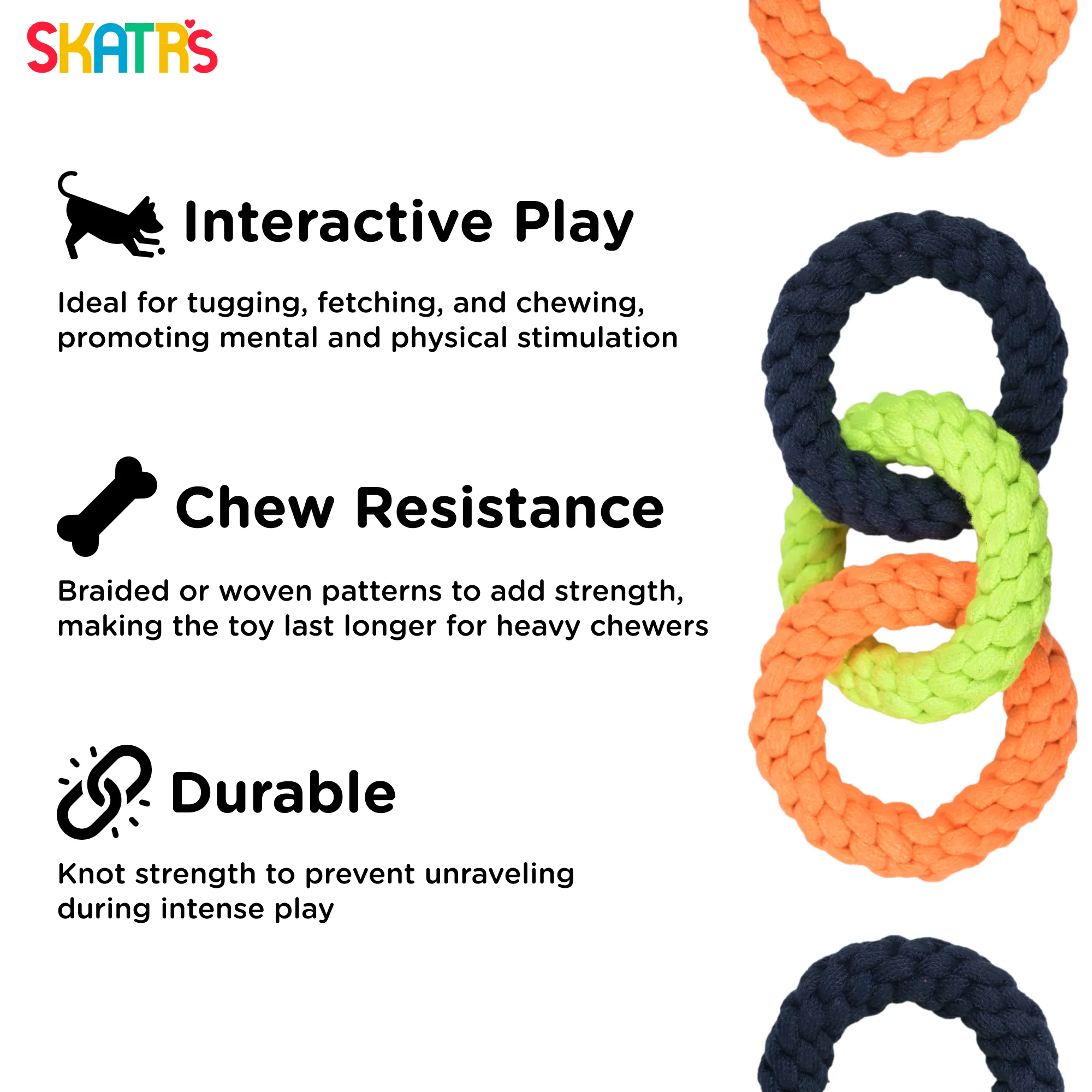 Skatrs Triple Ring Rope Chew Toy for Dogs and Cats (Neon Green/Blue/Orange)