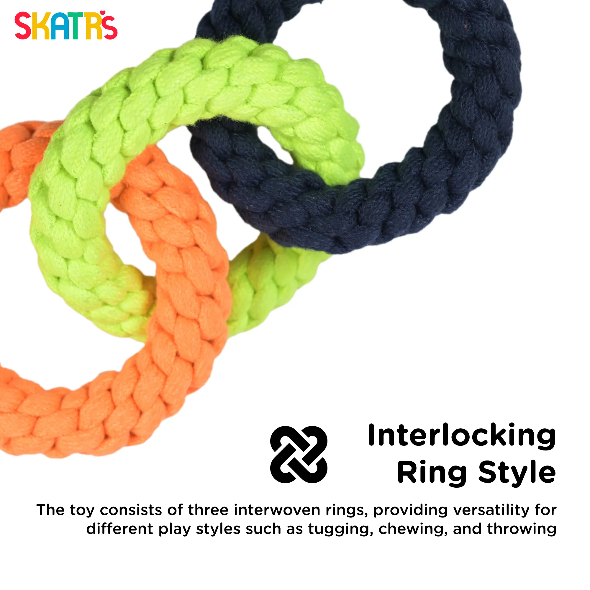 Skatrs Triple Ring Rope Chew Toy for Dogs and Cats (NeonGreen/Blue/Orange)