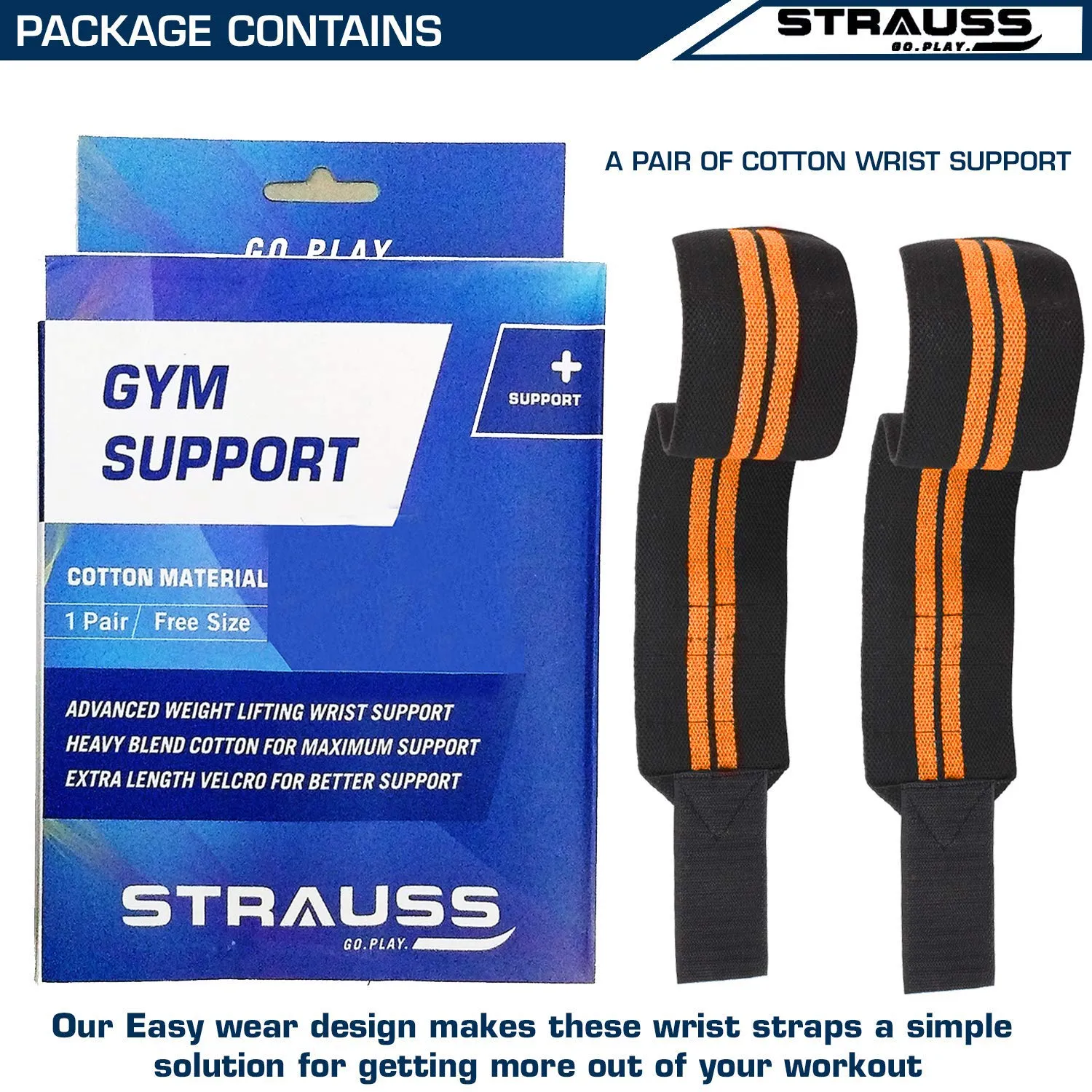 Strauss WL Cotton Wrist Supporter with Thumb Loop Straps & Closures for Gym, Workouts & Strength Training| Adjustable & Breathable Material with Powerful Velcro & Soft Material, (Black/Orange)