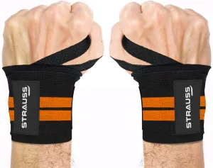 Strauss WL Cotton Wrist Supporter with Thumb Loop Straps & Closures for Gym, Workouts & Strength Training| Adjustable & Breathable Material with Powerful Velcro & Soft Material, (Black/Orange)