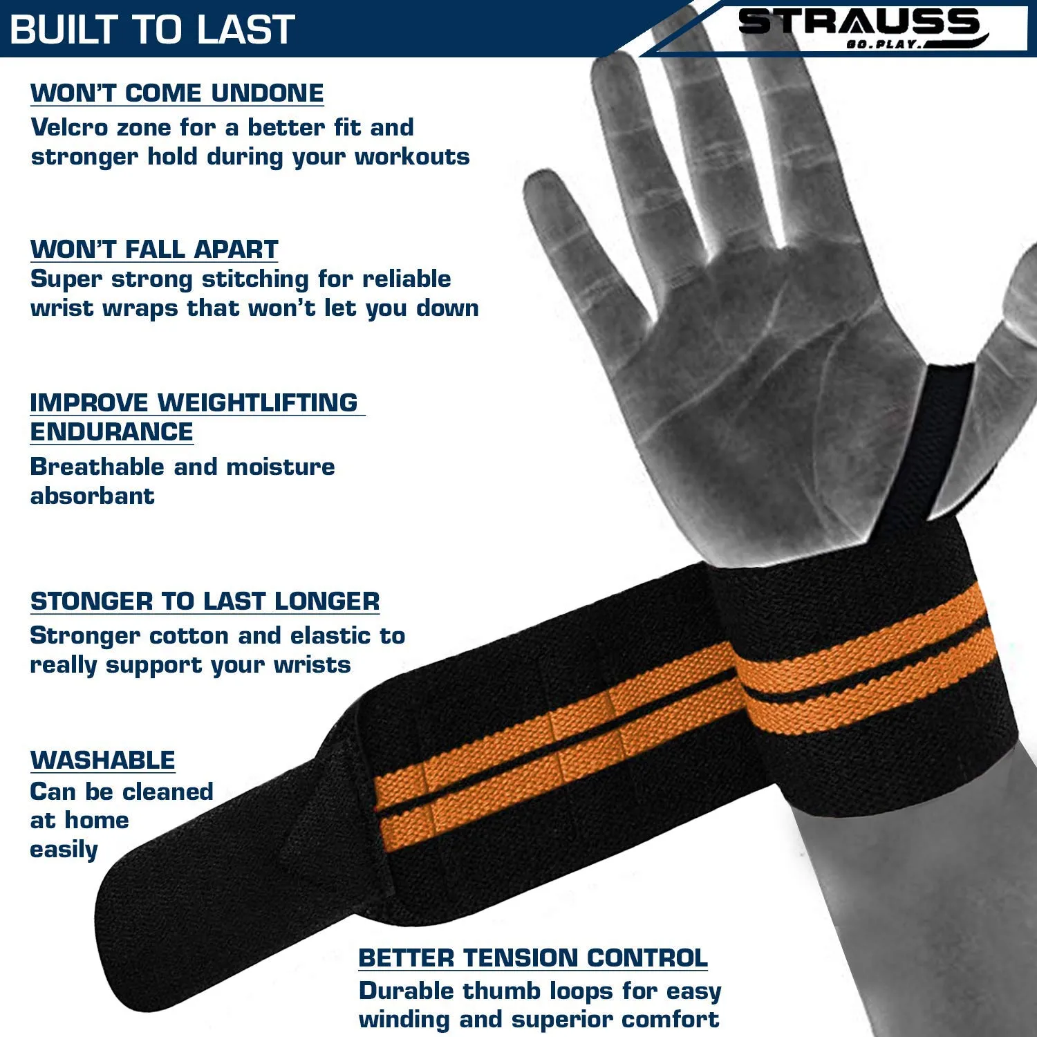 Strauss WL Cotton Wrist Supporter with Thumb Loop Straps & Closures for Gym, Workouts & Strength Training| Adjustable & Breathable Material with Powerful Velcro & Soft Material, (Black/Orange)