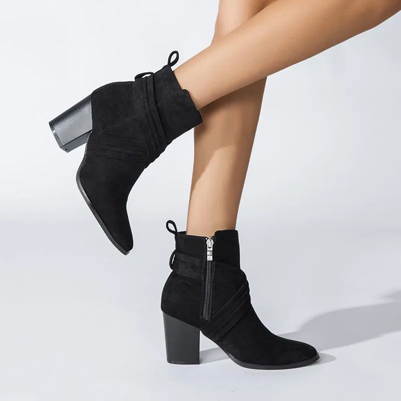 Suede Thick Heeled Side Zipper Boots