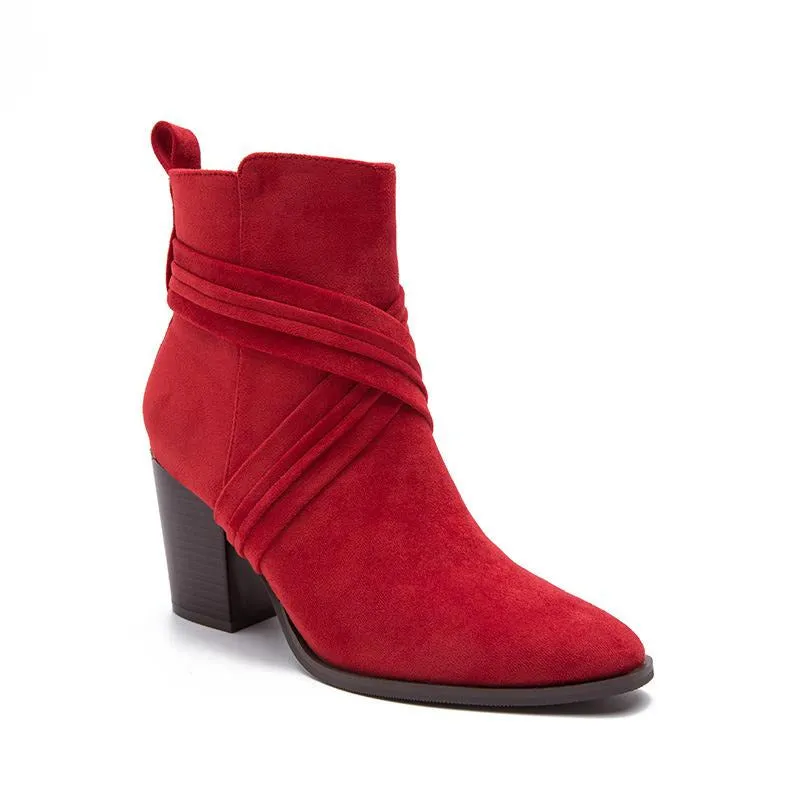 Suede Thick Heeled Side Zipper Boots