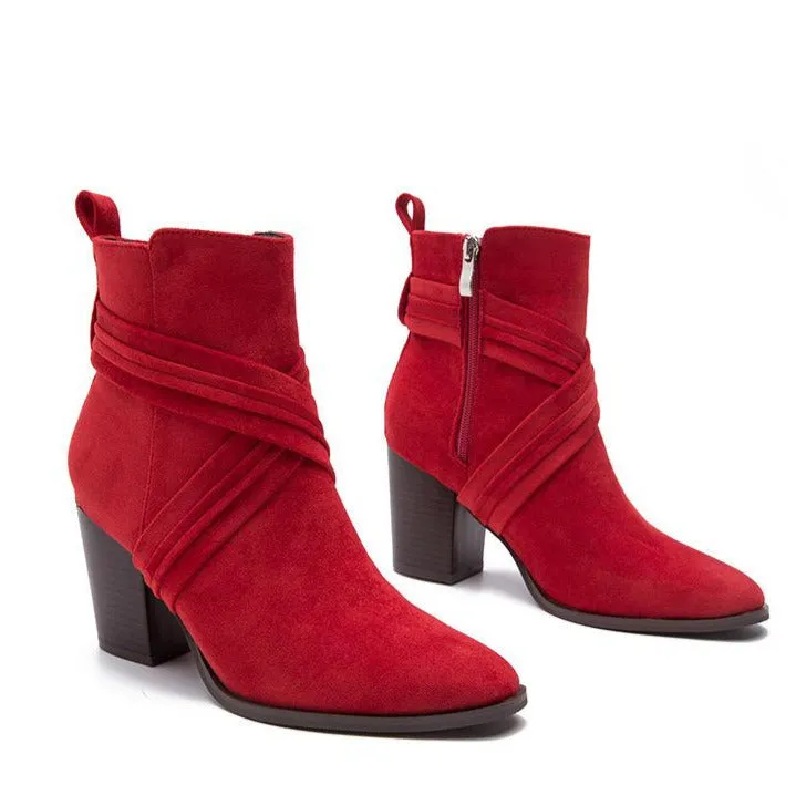 Suede Thick Heeled Side Zipper Boots