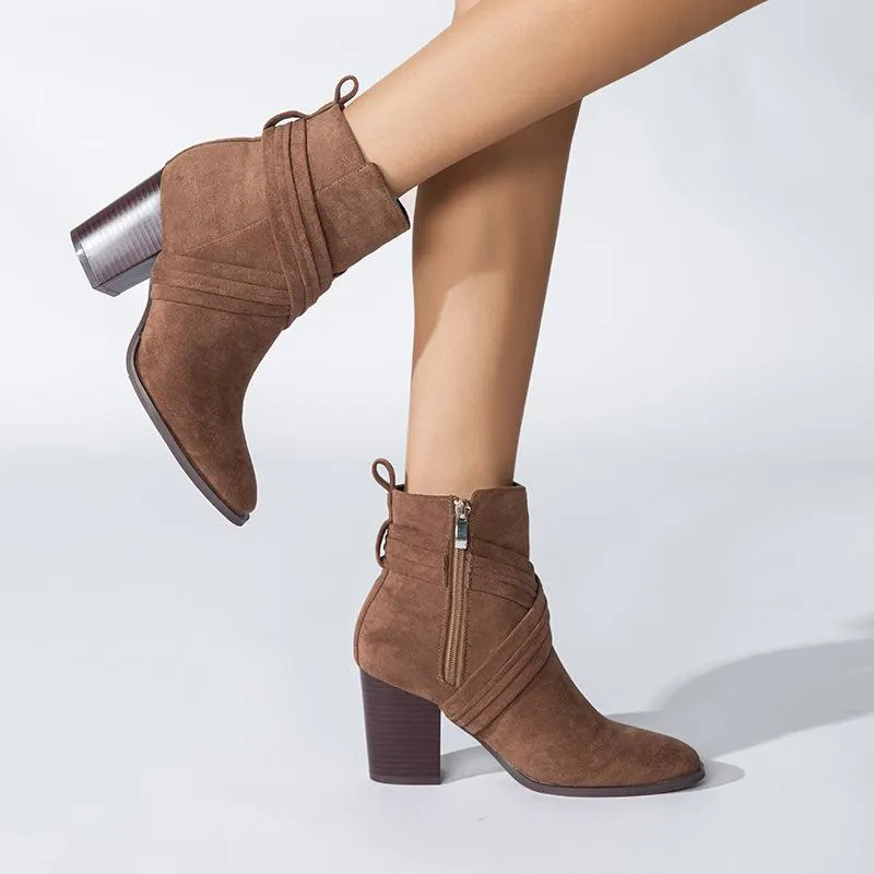 Suede Thick Heeled Side Zipper Boots