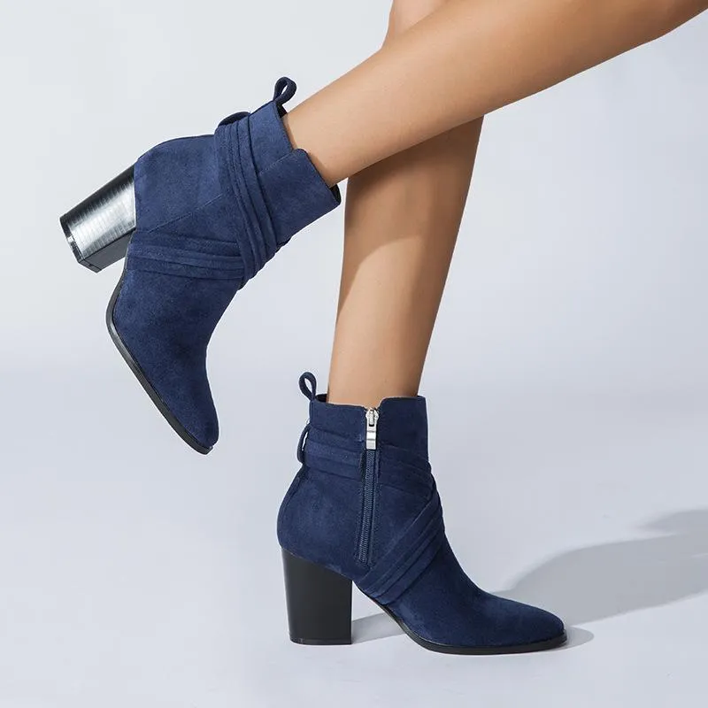 Suede Thick Heeled Side Zipper Boots