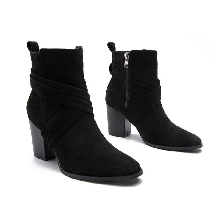 Suede Thick Heeled Side Zipper Boots