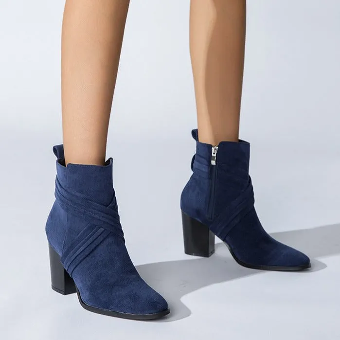 Suede Thick Heeled Side Zipper Boots