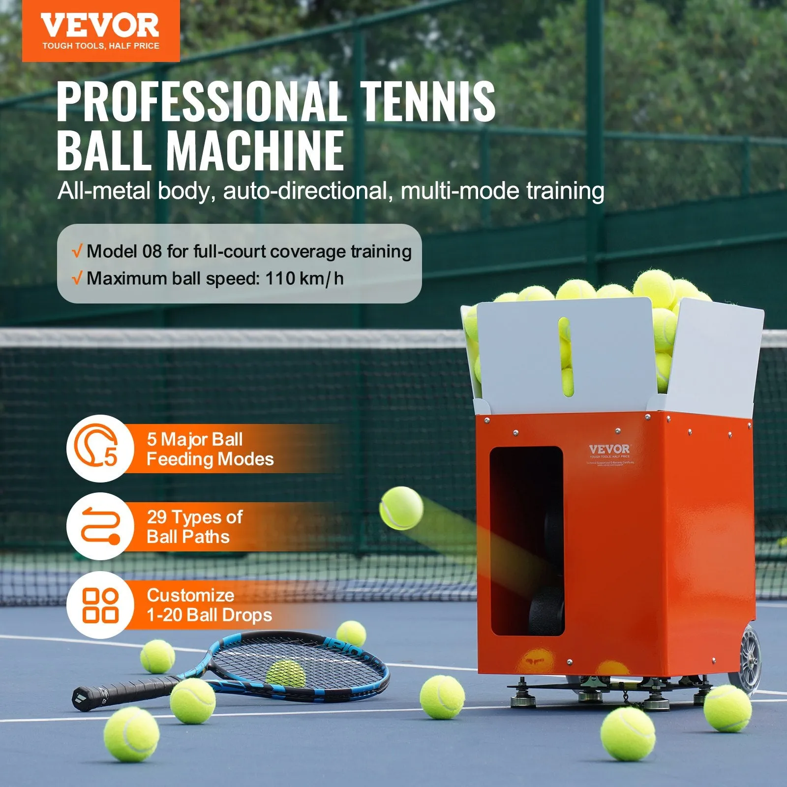 Vevor Tennis Ball Machine Bluetooth App-Controlled 5 Modes 29 Routes 110 km/h 100 Ball Capacity Portable New