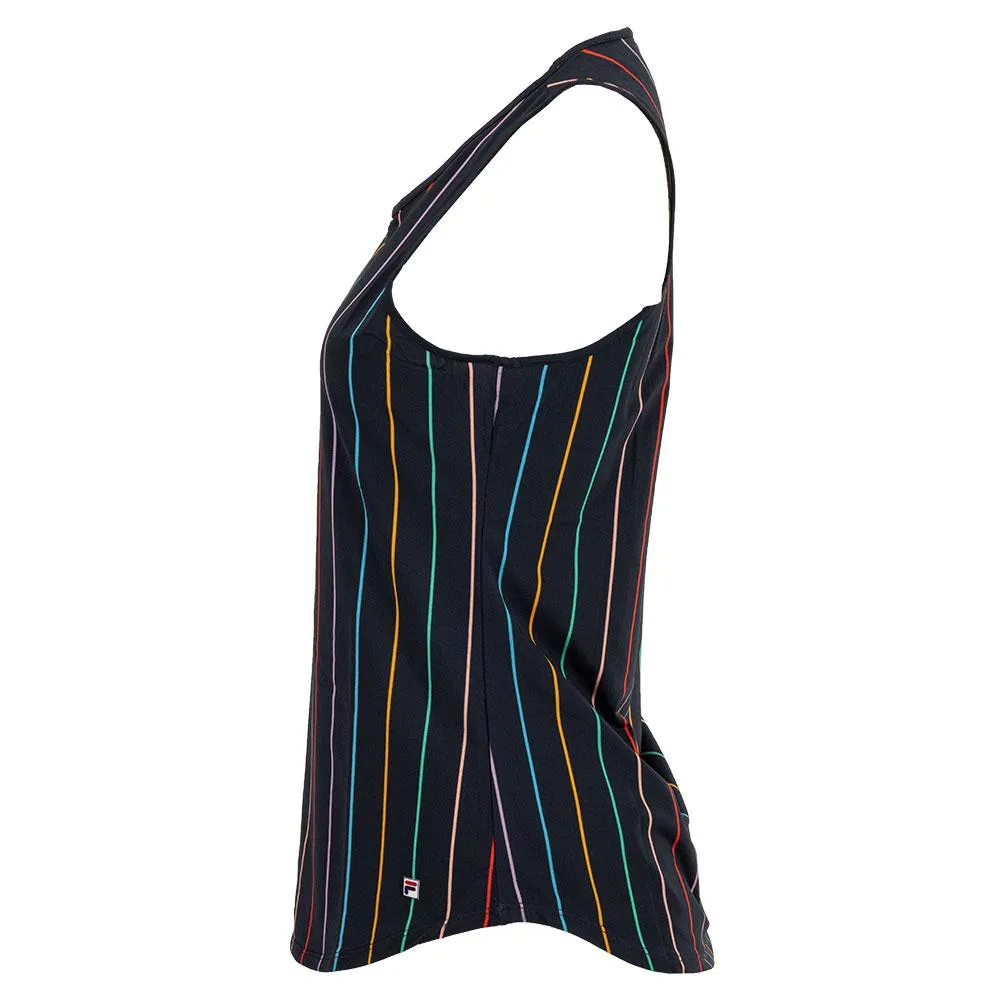 Women`s Cross Court Loose and Long Tennis Tank India Ink and Rainbow Stripe