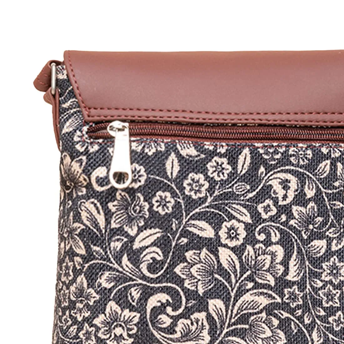 ZOUK FloMotif Floral Printed Women's Hand Crafted Vegan Leather Black Flap Sling Bag